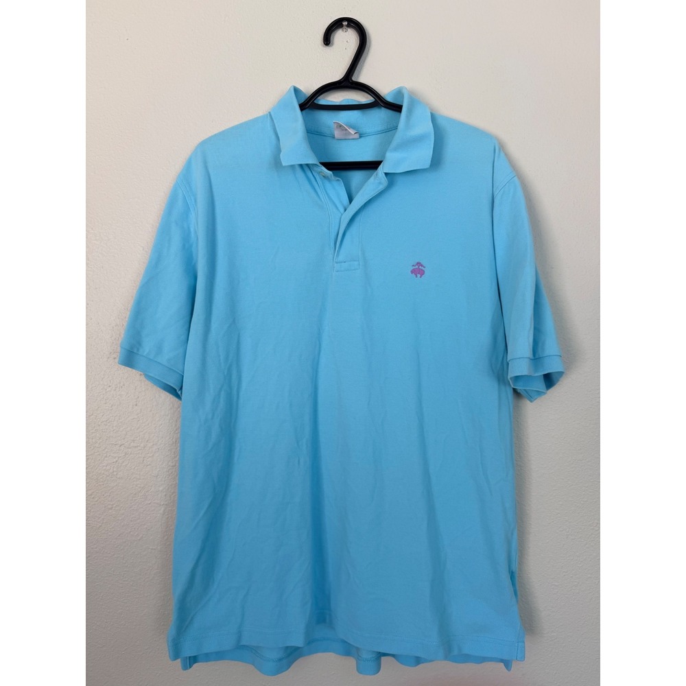 Brooks Brothers Mens Blue Pique Polo Shirt Purple Golden Fleece Logo Large